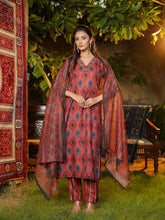 Women Maroon Rayon Blend Ethnic Motifs Printed Straight Kurta Trousers With Dupatta-VKSKD2364